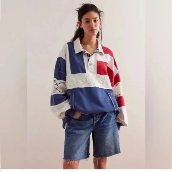 Free People We the Free American Dream Polo Pullover Size XL Oversized - Picture 2 of 7